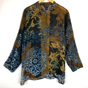 Citron Silk Blent Button Up Tunic Blouse Semi Sheer Velvet Mixed Media